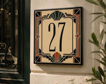 Personlig art déco-husnummerplatta, keramisk adressplakett från 1920-talet, geometrisk dörrnummerskylt