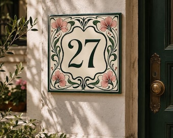 Targa civica personalizzata in ceramica con motivo floreale Art Nouveau e design botanico.