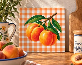 Persikafärgad keramisk kakelplatta, orange gingham köksdekor, väggkonst i cottagecore (15 x 15 cm)