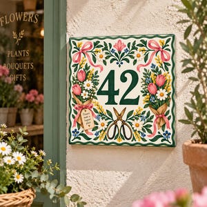 Puede incluir: Una placa de cerámica cuadrada para número de casa con el número 42 en verde oscuro. El diseño incluye ramos de flores pintados a mano, cintas rosas y tijeras de jardín. Una etiqueta en el ramo izquierdo dice "Flowers make a happier place."