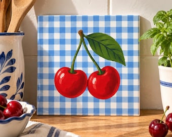 Keramiska körsbärsplattor, blå gingham köksdekor, retro fruktväggkonst (15 x 15 cm)