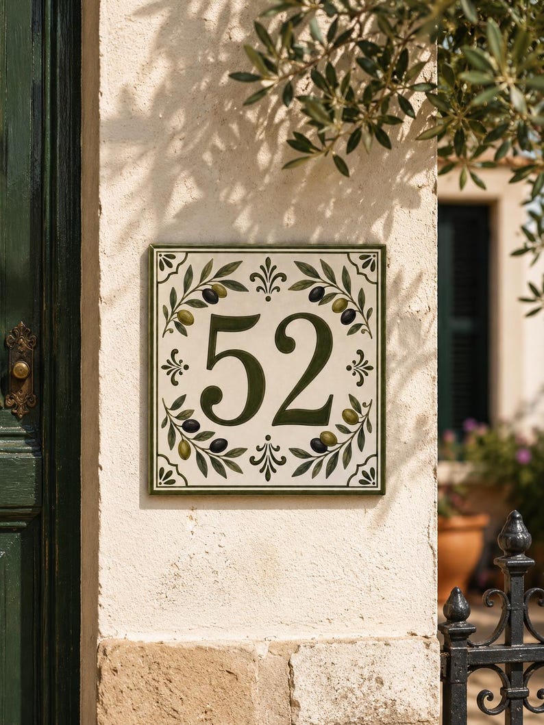 May include: A square ceramic house number plaque featuring the number 52 in dark green. The design includes a border of olive branches with green and black olives on a cream background, accented with small decorative floral motifs in the corners.