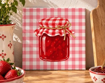 Jordgubbssylt Keramikplattor, Rosa Gingham Köksdekor, Väggkonst i Cottagecore (15 x 15 cm)