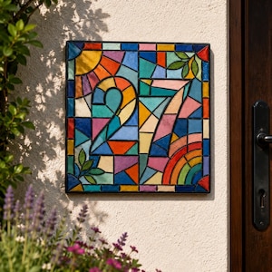 Könnte beinhalten: Ein quadratisches Hausnummernschild mit der Ziffernfolge 27 im Mosaikstil. Das Design zeigt ein farbenfrohes geometrisches Muster mit Blau-, Orange-, Gelb-, Rosa- und Grüntönen, einschließlich eines Sonnenmotivs und eines Regenbogens.
