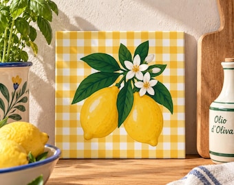 Keramikplattor med citronblomma, köksdekor i gult ginghammönster (15 x 15 cm)