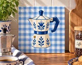 Italiensk Moka-kruka, keramisk kakel, köksdekor i blått ginghammönster (15 x 15 cm)