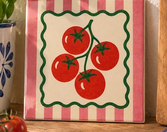 Retro tomatplattor i keramisk stil, väggkonst i medelhavskök (15 x 15 cm)