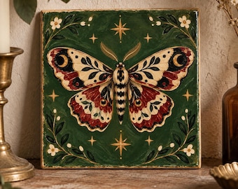 Gotisk keramisk kakelplatta, nattfjäril, orm, månhand, himmelsk dekor (15 x 15 cm)