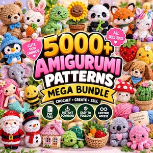 Puede incluir: Una colección digital de más de 5000 patrones de ganchillo amigurumi que presenta una variedad de animales y objetos de peluche coloridos hechos a mano, incluyendo un oso, conejo, dinosaurio, girasol, panda, zorro, unicornio, pingüino, elefante, abeja, sirena, Santa, muñeco de nieve, casa, tortuga, koala y pulpo.