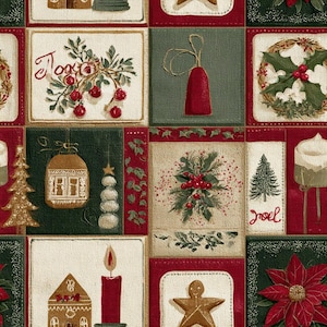 May include: A fabric pattern featuring a grid of festive holiday squares. Designs include red berries, a red bell, a holly wreath, a gold Christmas tree, a gingerbread house, a red candle, a gingerbread star, and a red poinsettia flower.