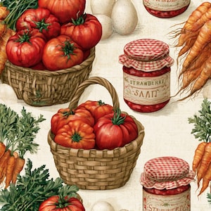 May include: A repeating pattern featuring woven baskets filled with bright red tomatoes, bunches of orange carrots with green tops, white eggs, and glass jars of strawberry jam topped with red and white checkered fabric covers and labels.