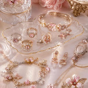 Puede incluir: Una colección de joyería en tono dorado con motivos florales y de mariposas en rosa y blanco, con cristales transparentes y perlas. El conjunto incluye anillos, una pulsera, un collar, pendientes, un reloj y un broche sobre una bandeja de cristal.