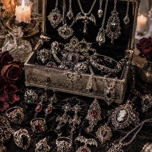 Caja misteriosa de joyería gótica, regalo sorpresa de joyería de fantasía oscura, conjunto de collar, anillo y pulsera de plata vintage, caja del tesoro de estilo ocultista para mujer.