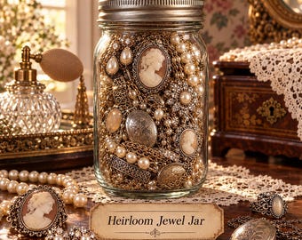 Puede incluir: Un frasco de vidrio transparente con tapa de metal plateado lleno de joyas doradas variadas, incluyendo collares de perlas, camafeos y relicarios ornamentados. Un letrero rectangular frente al frasco muestra el texto "Heirloom Jewel Jar".