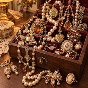 Peut inclure: Une boîte à bijoux en bois sombre doublée de velours rouge profond, remplie d'un assortiment de colliers dorés, de rangs de perles, de broches ornées, de bagues et de boucles d'oreilles avec des pierres ambrées, des camées floraux et des cristaux.