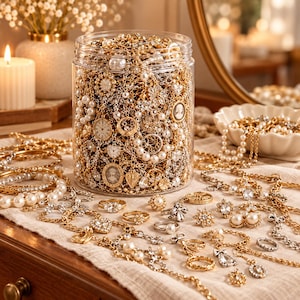 May include: A clear plastic jar filled with a large collection of gold-toned jewellery, including chains, pearl-accented necklaces, cameo pendants, and crystal-embellished charms. Several rings, bracelets, and necklaces are arranged on the surface.