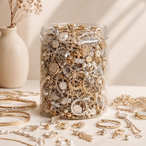 Könnte beinhalten: Ein durchsichtiges Kunststoffglas gefüllt mit einer großen Sammlung an gold- und silberfarbenem Schmuck, darunter Ketten, Ringe, Armbänder und kleine Uhrenzifferblätter. Weitere lose Schmuckstücke liegen verstreut um den Glasboden.