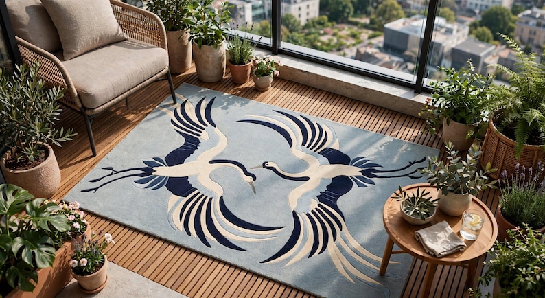 Japanese Looking Rug Handmade Japanese Crane Area Rug - Tufted Sky Blue Navy Carpet Luxury ...