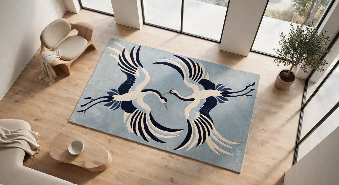 Japanese Looking Rug Handmade Japanese Crane Area Rug - Tufted Sky Blue Navy Carpet Luxury ...