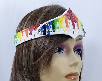 Rainbow Leather Crown, Acrylic Pour Valkyrie Circlet, LARP Garb, Theater Prop, Halloween Costume