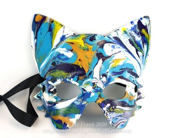 Leather cat mask, Acrylic pour wearable art, Larp garb, Handmade tooling leather masquerade mask,  Theater Costume