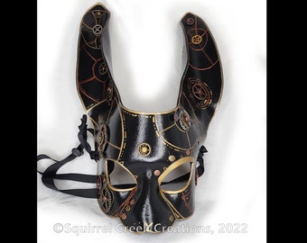 Steampunk Rabbit Mask, Handmade from Leather, Painted with Stylized Gears, LARP Garb,