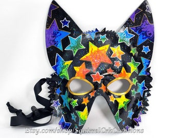 Rainbow Star Fox or Wolf Leather Mask! Glitter Starfield, Acrylic Pour Mask, LARP Garb, Halloween Costume, Masquerade Ball Accessory