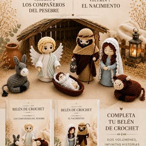 May include: A collection of crochet amigurumi figures including an angel, a shepherd, a figure in a blue head covering, a baby in a manger, a donkey, and a bull, accompanied by two books titled Colección Belén de Crochet, Volumen 1 and Volumen 2.