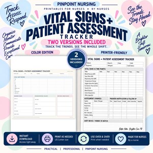 May include: A digital printable Vital Signs and Patient Assessment Tracker for nurses. The document includes sections for patient details, vital signs at six time points, assessment changes, provider notifications, and shift notes in two versions.
