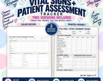 Könnte beinhalten: Ein digitales, ausdruckbares Vitalzeichen- und Patientenbewertungsprotokoll für Pflegekräfte. Das Dokument enthält Abschnitte für Patientendaten, Vitalwerte zu sechs Zeitpunkten, Bewertungsänderungen, Benachrichtigungen und Notizen.