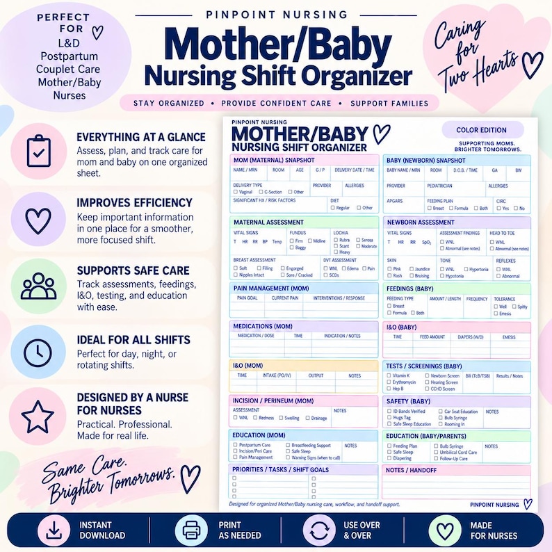 May include: A Pinpoint Nursing Mother/Baby Nursing Shift Organizer sheet featuring sections for maternal and newborn snapshots, assessments, pain management, medications, intake and output, feedings, tests, safety, and education in a color-coded layout.