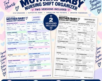 Könnte beinhalten: Ein digitales Vorlagenset für einen Mother/Baby Nursing Shift Organizer mit zwei Versionen: einer farbigen Ausgabe und einer druckerfreundlichen Schwarz-Weiß-Ausgabe. Die Formulare enthalten Abschnitte für Mütter- und Neugeborenenbeurteilungen, Schmerzmanagement, Medikamente und Schichtziele.