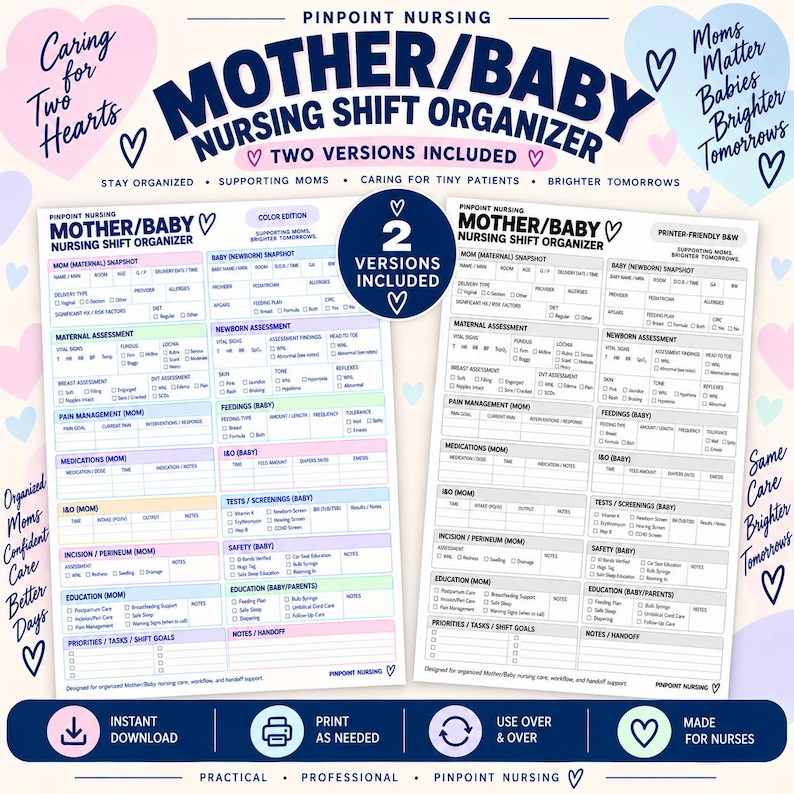 May include: A Mother/Baby Nursing Shift Organizer digital template set featuring two versions: a color edition and a printer-friendly black and white edition. The forms include sections for maternal and newborn assessments, pain management, medications, and shift goals.