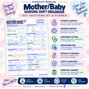May include: A Pinpoint Nursing Mother/Baby Nursing Shift Organizer document featuring sections for maternal and newborn snapshots, assessments, pain management, medications, intake and output, feedings, screenings, safety, education, and shift goals.