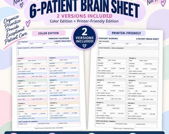 Könnte beinhalten: Ein druckbares 6-Patienten-Brain-Sheet für Pflegekräfte mit zwei Versionen: einer farbigen Ausgabe und einer druckerfreundlichen Ausgabe. Das Dokument enthält Abschnitte für Schichtübersichten, Patientenprioritäten und Patientendaten.