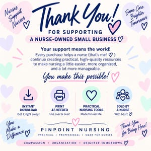 May include: A thank you card for a nurse-owned small business featuring the text Thank You! For Supporting A Nurse-Owned Small Business, Pinpoint Nursing, and various icons including a download arrow, printer, heart, and people, surrounded by pastel hearts.