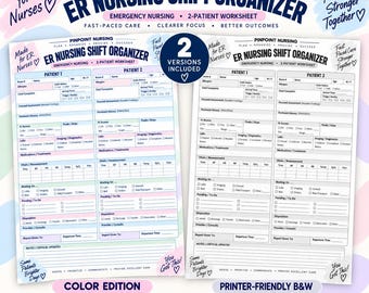 Könnte beinhalten: Zwei Vorlagen für Notaufnahme-Schichtplaner für zwei Patienten. Eine Version bietet farblich in Pastelltönen unterteilte Bereiche für Patientendaten, Vitalwerte und Medikamente. Die zweite Version ist ein druckerfreundliches Schwarz-Weiß-Layout. Beide enthalten Felder für Zimmernummer, Allergien und klinische Beurteilungen.