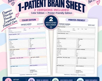 Könnte beinhalten: Ein Set mit 1-Patienten-Brain-Sheets für Pflegekräfte, bestehend aus zwei Versionen: einer farbigen Ausgabe und einer druckerfreundlichen Ausgabe. Die Blätter enthalten Abschnitte für Patientendaten, Prioritäten, Vitalzeichen, Medikamente und Notizen.