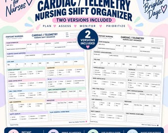 Könnte beinhalten: Zwei druckbare Organisationsblätter für die Pflegeschicht in Kardiologie und Telemetrie mit Abschnitten für Patientendaten, Vitalzeichen, Herzbeurteilung, Atmung, Neuro, Leitungen, Labore und Medikamente. Text enthält Pinpoint Nursing.