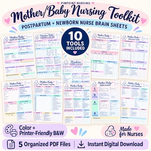 May include: A digital collection of ten Mother/Baby Nursing Toolkit brain sheets for postpartum and newborn care. The documents feature organized sections for patient assessment, medication tracking, feeding logs, and shift planning in pastel colors.