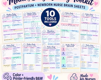 May include: A digital collection of ten Mother/Baby Nursing Toolkit brain sheets for postpartum and newborn care. The documents feature organized sections for patient assessment, medication tracking, feeding logs, and shift planning in pastel colors.