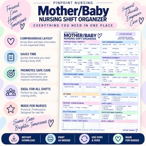 May include: A Mother/Baby Nursing Shift Organizer document featuring a comprehensive layout for maternal and newborn snapshots, assessments, pain management, medications, intake and output, tests, safety, and education sections in a color-coded format.