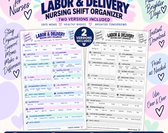 May include: A digital Labor & Delivery nursing shift organizer printable set featuring two versions. One version uses pastel pink, blue, and purple accents, while the other is black and white. Both include sections for patient snapshot, labor status, and vitals.