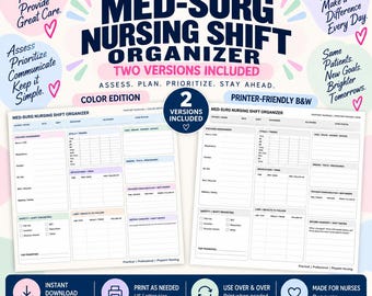 Könnte beinhalten: Eine digitale Vorlage für einen Pflegeschicht-Organizer mit zwei Versionen: einer farbigen Ausgabe und einer druckerfreundlichen Schwarz-Weiß-Ausgabe. Das Dokument enthält Abschnitte für Patientenbeurteilung, Vitalwerte, Medikamente, Laborergebnisse und Schichtprioritäten.