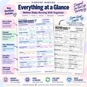 May include: A Pinpoint Nursing Mother/Baby Nursing Shift Organizer printable form featuring sections for maternal and newborn snapshots, assessments, pain management, medications, intake and output, tests, safety, education, and shift goals in color and black and white.