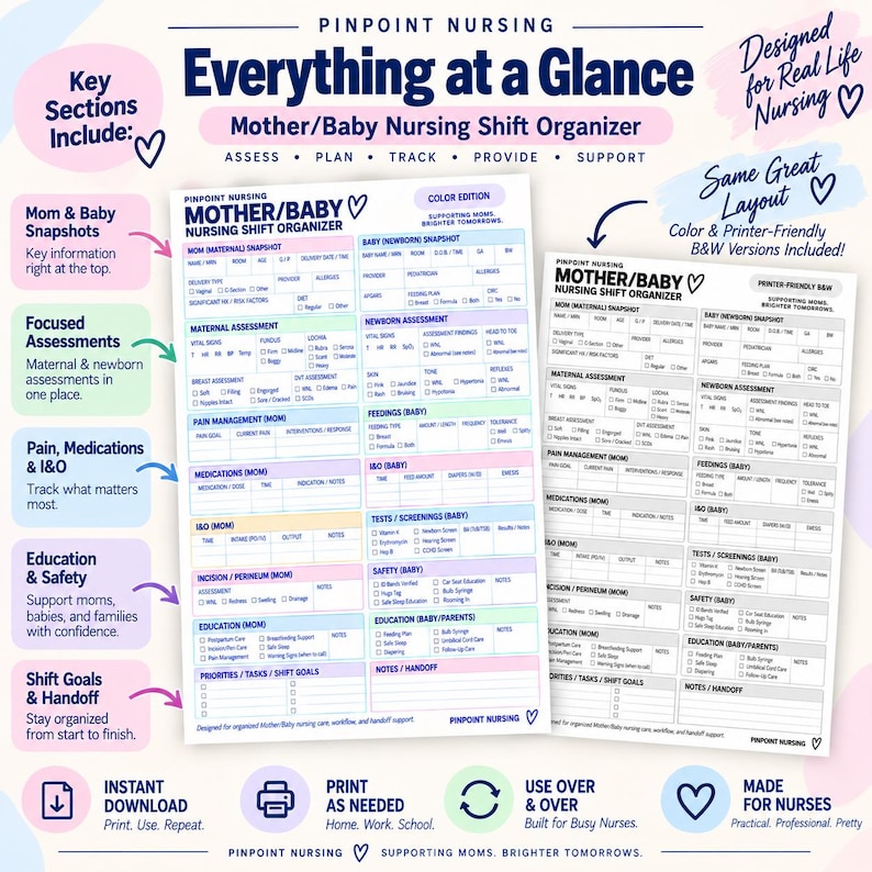 May include: A Pinpoint Nursing Mother/Baby Nursing Shift Organizer printable form featuring sections for maternal and newborn snapshots, assessments, pain management, medications, intake and output, tests, safety, education, and shift goals in color and black and white.