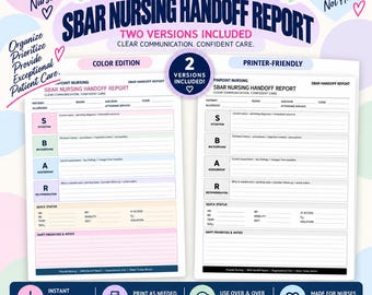 Könnte beinhalten: Zwei SBAR-Pflegeübergabeprotokoll-Vorlagen, eine in Farbe und eine in Schwarz-Weiß. Jedes Dokument enthält Abschnitte für Patientendaten, Situation, Hintergrund, Beurteilung, Empfehlung, Kurzstatus sowie Schichtprioritäten und Notizen.