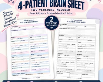 Könnte beinhalten: Ein 4-Patienten-Brain-Sheet-Set für Pflegekräfte mit zwei Versionen: einer farbigen Ausgabe und einer druckerfreundlichen Version. Das Dokument enthält Abschnitte für Schichtübersichten, Patientenprioritäten und detaillierte Pflegefelder.