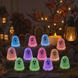 Peut inclure: Une collection de petites figurines translucides en forme de fantôme dans diverses couleurs, notamment bleu, rose, violet et vert. Chaque fantôme présente un visage noir imprimé simple avec deux yeux ronds et une bouche ovale.