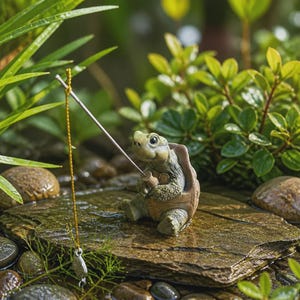 May include: A small, textured, green and brown turtle figurine sitting upright. The turtle holds a thin, silver-colored fishing rod with a yellow string extending downward, ending in a small, metallic, fish-shaped lure hanging near the base.